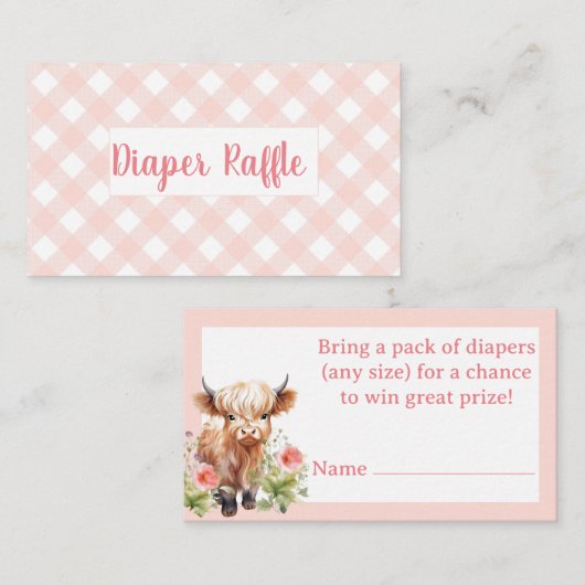 Carte D'accompagnement En vichy rose Highland Cow fille diaper tombola (Devant / Derrière)
