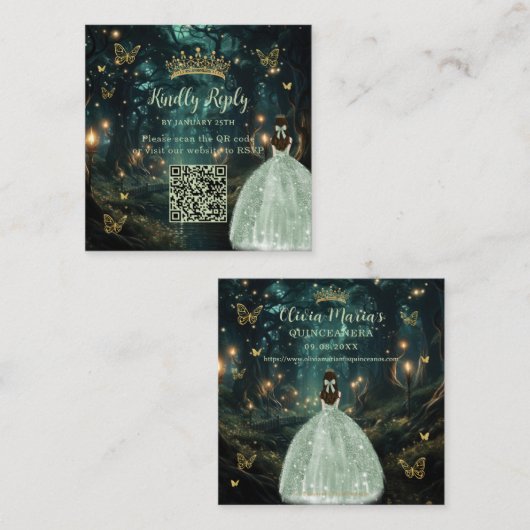 Carte D'accompagnement Enchantée Forêt Vert Quinceañera QR RSVP (Devant / Derrière)