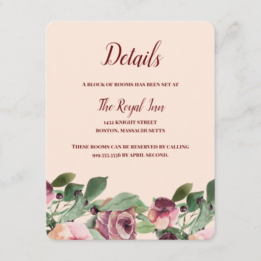 Carte D'accompagnement Enclosure aquarelle florale bordeaux et pêche (Devant)