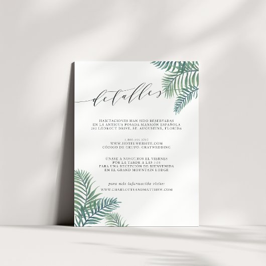 Carte D'accompagnement ESPAGNOL Tropical Foliage Mariage Détails sur l'in