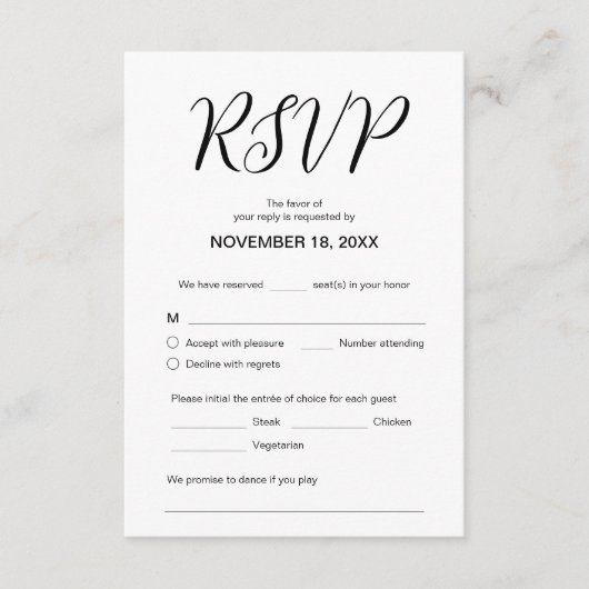 Carte D'accompagnement Esthétique moderne, Dîner Mariage RSVP, Répondre (Devant)