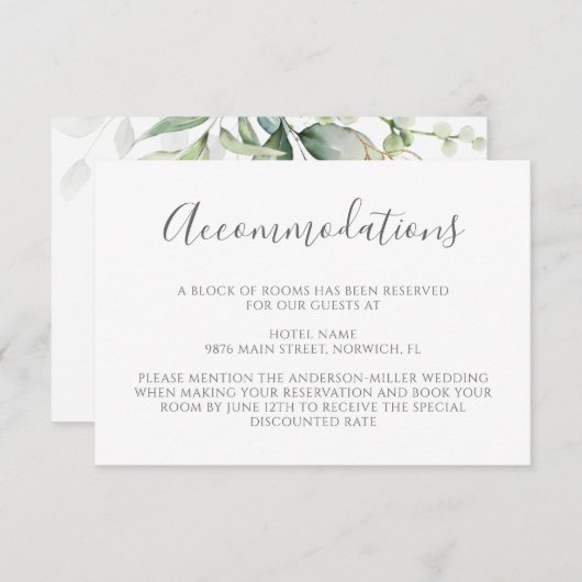 Carte D'accompagnement Eucalyptus Feuille Verdure Mariage Hébergements (Devant / Derrière)