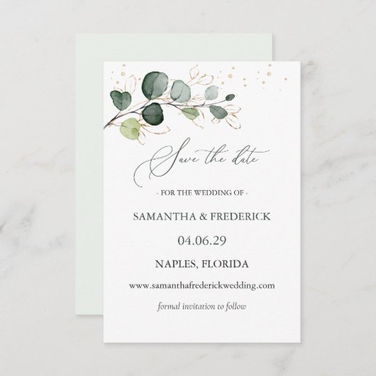 Carte D'accompagnement Eucalyptus Foliage Gold Feuilles Enregistrer la da (Devant / Derrière)