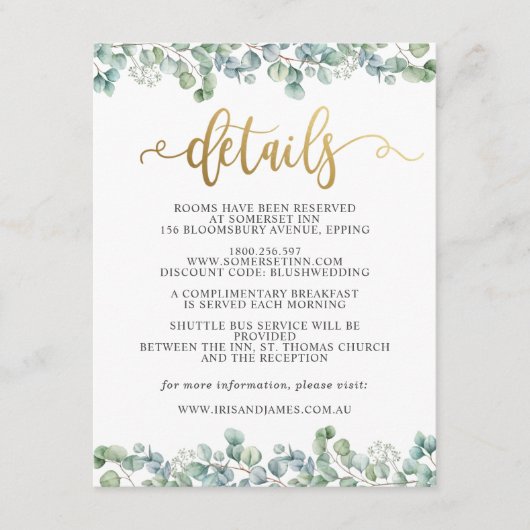 Carte D'accompagnement Eucalyptus Gold Mariage Informations sur le client (Devant)