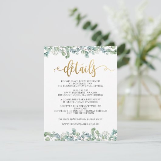 Carte D'accompagnement Eucalyptus Gold Mariage Informations sur le client (Debout devant)