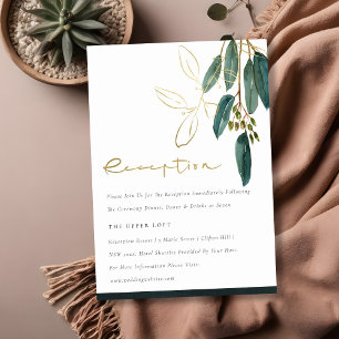 Carte D'accompagnement Eucalyptus Green Gold Foliage Réception de mariage