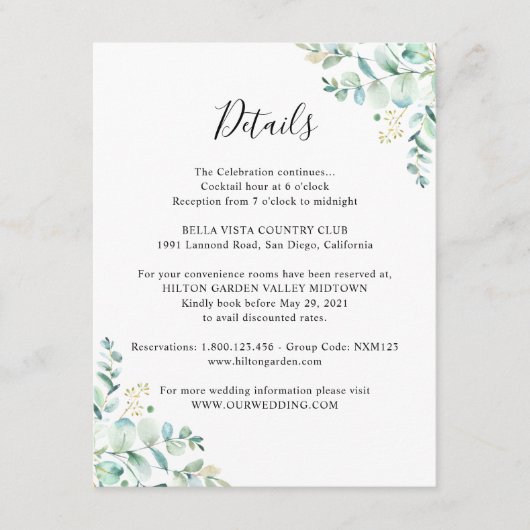 Carte D'accompagnement Eucalyptus Green Information d'hôte (Devant)