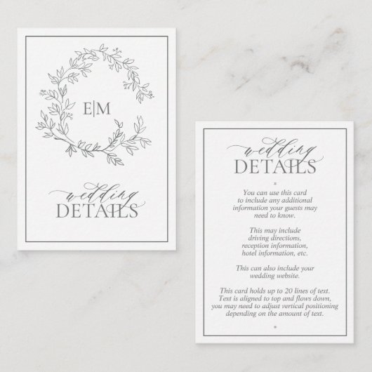 Carte D'accompagnement Eucalyptus Green Monogram Détails du Mariage (Devant / Derrière)