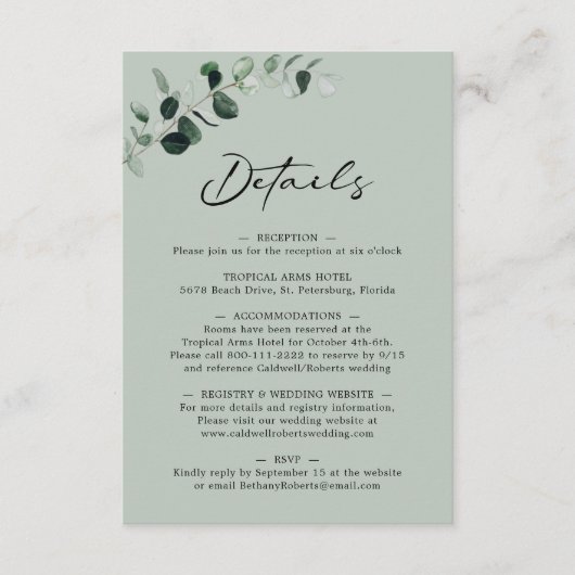 Carte D'accompagnement Eucalyptus Sage Calligraphy Détails du Mariage (Devant)