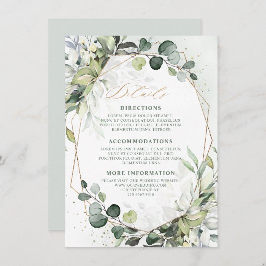 Carte D'accompagnement Eucalyptus Sage Greenery Détails du Mariage géomét (Devant / Derrière)