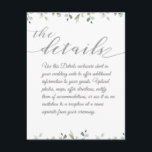 Carte D'accompagnement Eucalyptus Verdure Frontière Argent Détails Mariag<br><div class="desc">Une simple bordure de verdure d'eucalyptus en haut et en bas met en évidence cette fiche de détails mariages. Une calligraphie swash vivante en argent est utilisée pour,  "les détails",  titre avec une police cursive script pour votre texte.</div>