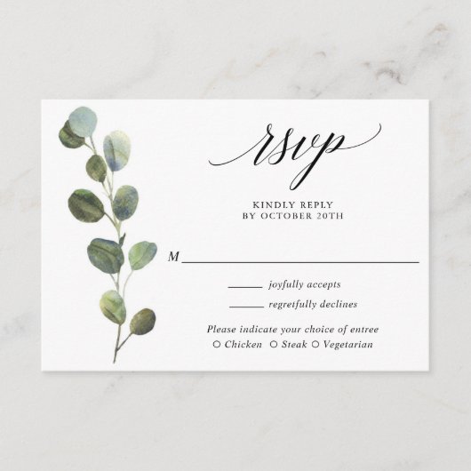 Carte D'accompagnement Eucalyptus vert noir blanc mariage RSVP (Devant)