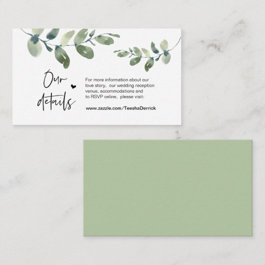 Carte D'accompagnement Eucalyptus vert, Noir, Mariage Détails (Devant / Derrière)