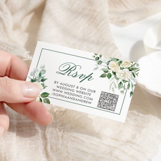 Carte D'accompagnement Eucalyptus White Flowers Mariage QR Code RSVP