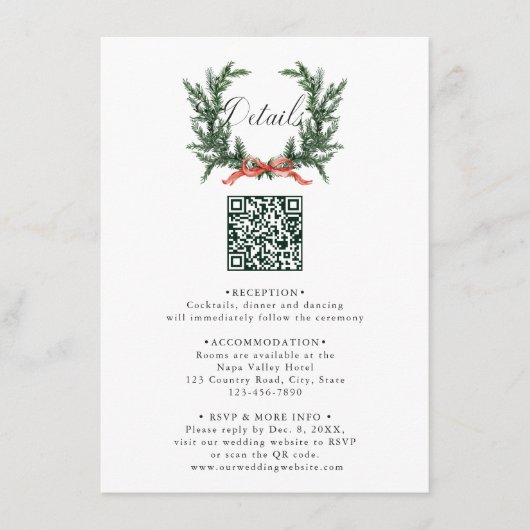 Carte D'accompagnement Evergreen Pine Wreath Wedding QR Code Details (Devant)