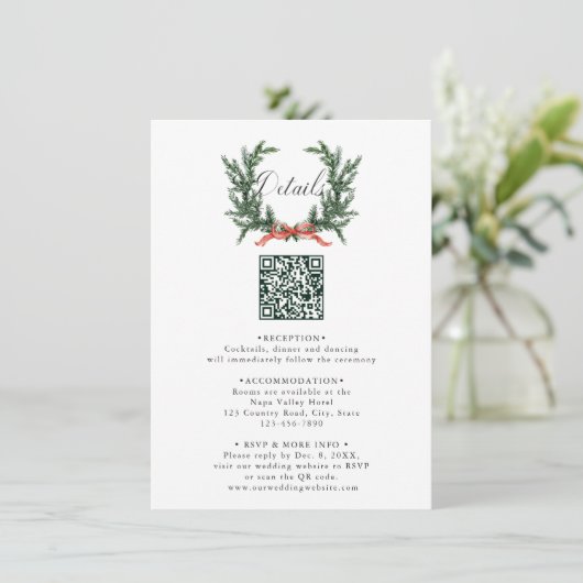 Carte D'accompagnement Evergreen Pine Wreath Wedding QR Code Details (Debout devant)