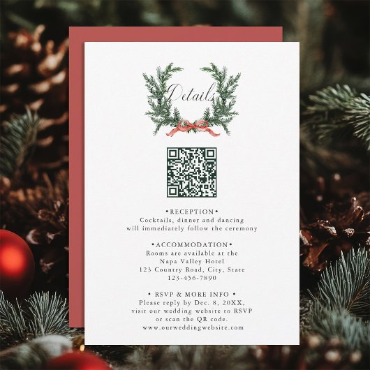 Carte D'accompagnement Evergreen Pine Wreath Wedding QR Code Details