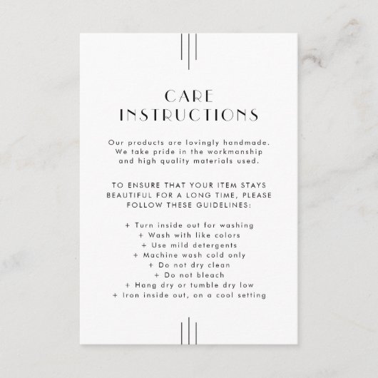 Carte D'accompagnement EVERLY Art Deco Business Product Care Instructions (Devant)