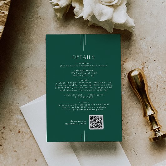 Carte D'accompagnement EVERLY Art Deco Emerald QR Code Wedding Details