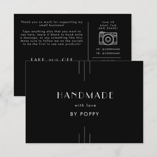 Carte D'accompagnement EVERLY Black Handmade with Love Thank You Order (Devant / Derrière)