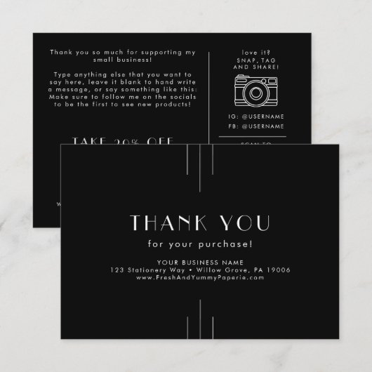 Carte D'accompagnement EVERLY Dark Black Small Business Thank You Order (Devant / Derrière)