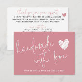 Carte D'accompagnement Fabriqué à la main avec amour Merci rose (Devant / Derrière)