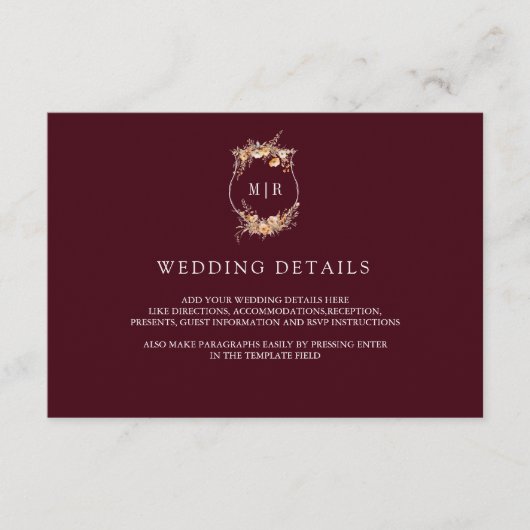 Carte D'accompagnement Fall Fleur sauvage Crest Burgundy Mariage Détails (Devant)