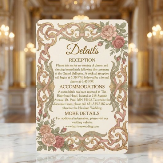 Carte D'accompagnement Faux Gold Baroque Scrollwork Blush Floral