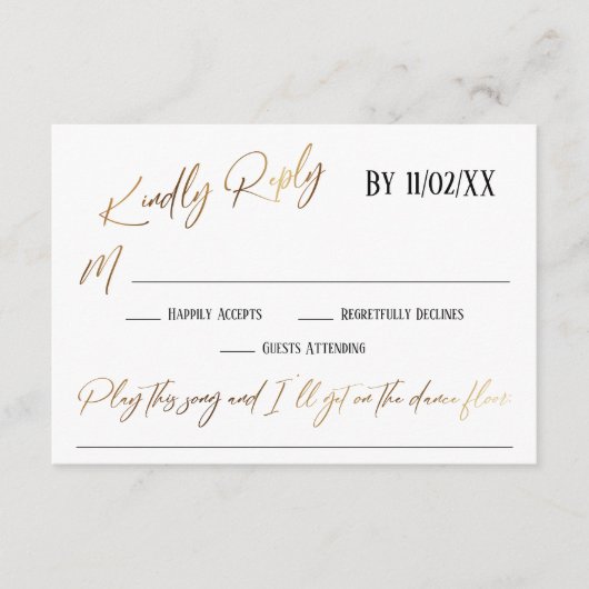 Carte D'accompagnement Faux Gold écriture simple demande de chanson RSVP (Devant)
