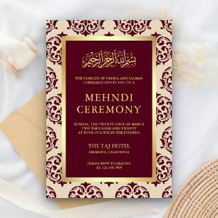 Carte D'accompagnement Faux Gold Foil Bourgogne Damask Islamic Mehndi