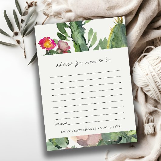 CARTE D'ACCOMPAGNEMENT FETE DE BÉBÉ FLEURS ROSES CACTUS DU DÉSERT CONSEIL