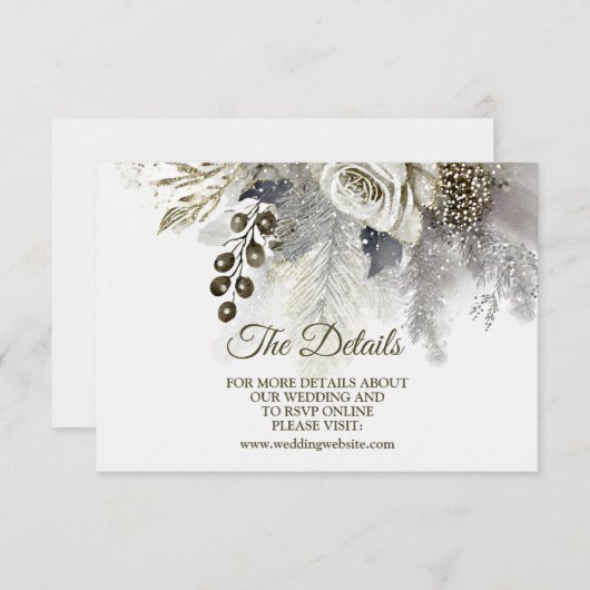 Carte D'accompagnement Fête de mariage Argent Golden White Roses Fleurs (Devant / Derrière)