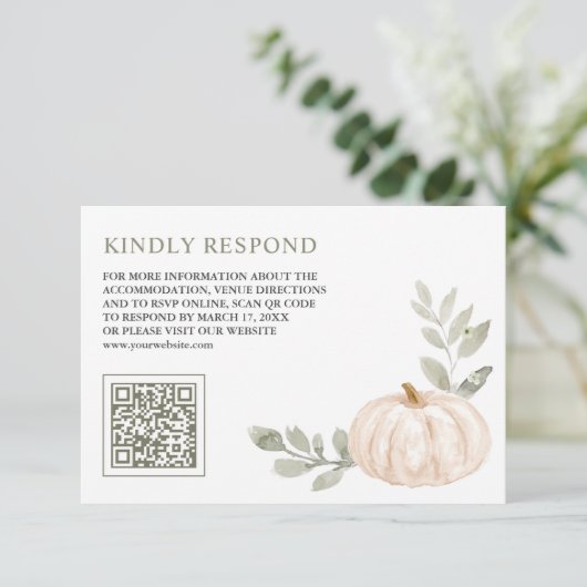 Carte D'accompagnement Feuille blanc Citrouille QR Code RSVP Mariage (Debout devant)