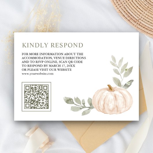 Carte D'accompagnement Feuille blanc Citrouille QR Code RSVP Mariage