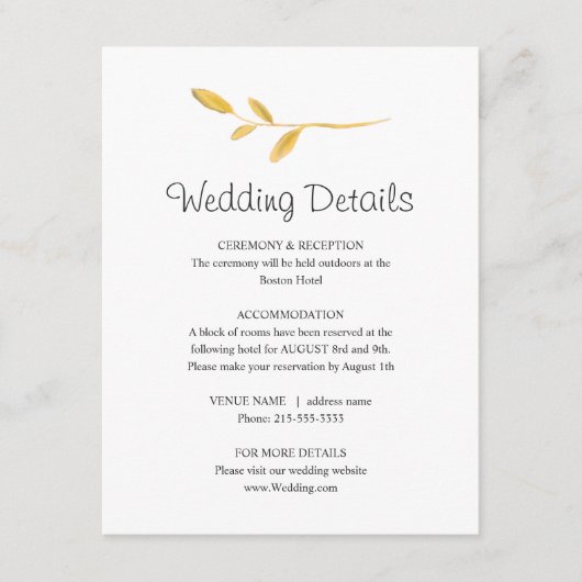 Carte D'accompagnement Feuille d'or simple. Beautiful Mariage Détails Inf (Devant)