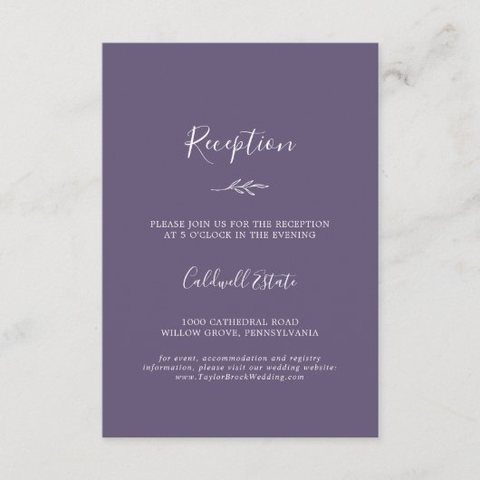Carte D'accompagnement Feuille minimale | Réception Mariage Plum Purple (Devant)