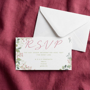 Carte D'accompagnement Feuilles et fleurs roses et vertes, "RSVP"