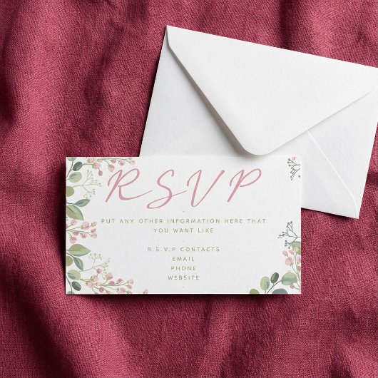 Carte D'accompagnement Feuilles et fleurs roses et vertes, "RSVP"