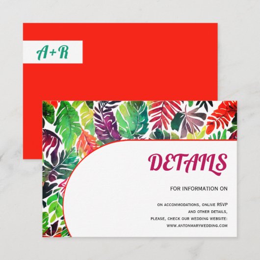 Carte D'accompagnement Feuilles tropicaux colorés, mariage maximaliste d' (Devant / Derrière)