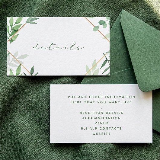 Carte D'accompagnement Feuilles verts, bordure en or, détails mariage