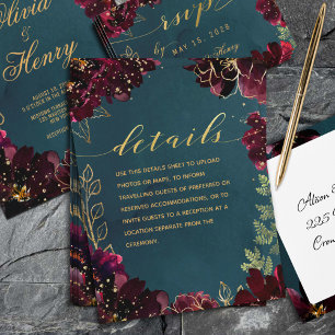 Carte D'accompagnement Fiche de détails de mariage Teal Bordeaux Jewel To