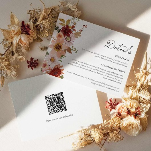 Carte D'accompagnement Fiche de détails du Mariage floral avec code QR