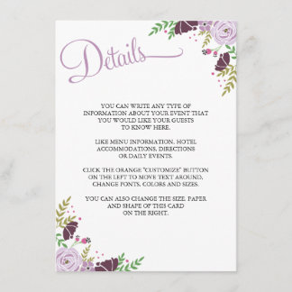 Carte D'accompagnement Fiche d'information/détails sur le Mariage floral