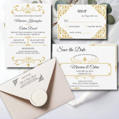Carte D'accompagnement Filigree or élégant sur blanc, mariage RSVP