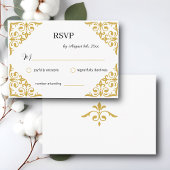 Carte D'accompagnement Filigree or élégant sur blanc, mariage RSVP