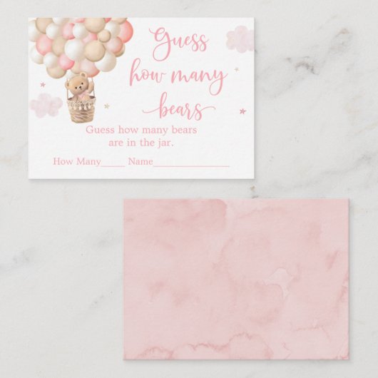 Carte D'accompagnement Fille Rose Teddy Ours Baby shower Devinez Combien (Devant / Derrière)