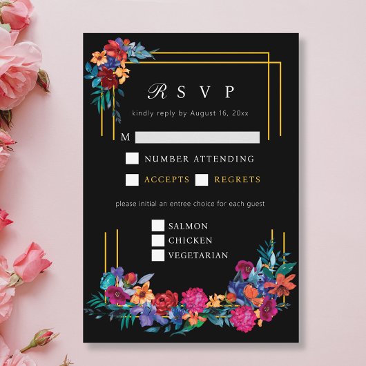 Carte D'accompagnement Fleur mexicaine Mariage noir RSVP