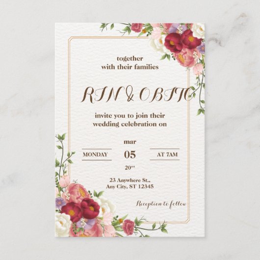 Carte D'accompagnement Fleur rouge foncé Mariage| invatation de feuille d (Devant)