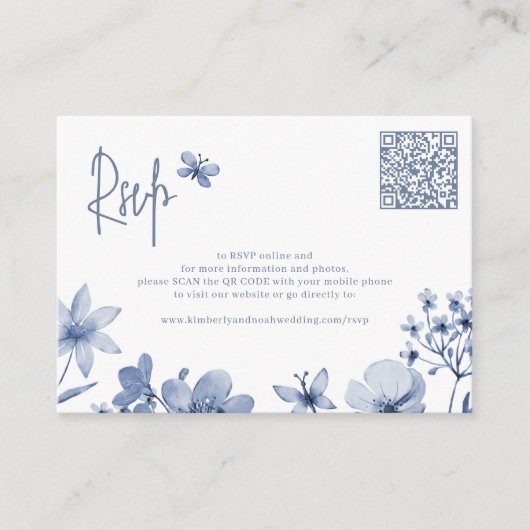 Carte D'accompagnement Fleur sauvage bleu Dusty Code QR mariage RSVP (Devant)