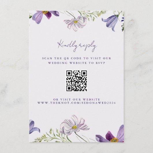 Carte D'accompagnement Fleur sauvage de jardin violet Mariage QR Code RSV (Devant)
